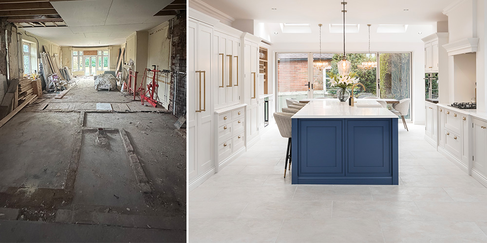 A before and after of a kitchen renovation with new flooring